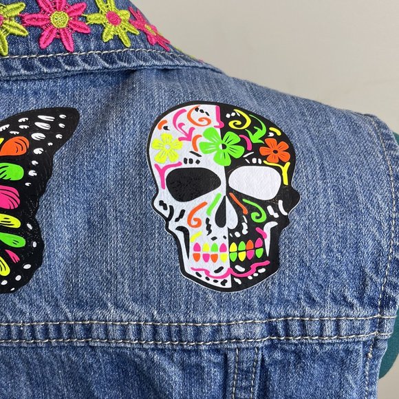 Distressed Denim Vest - One of A Kind - Customized with Day of the Dead Skulls - Picture 11 of 13